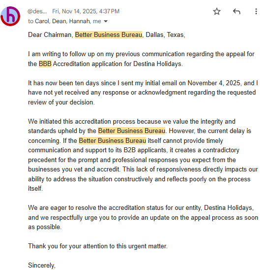 Destina Holidays BBB Outreach Letter - Follow-up communication regarding accreditation appeal